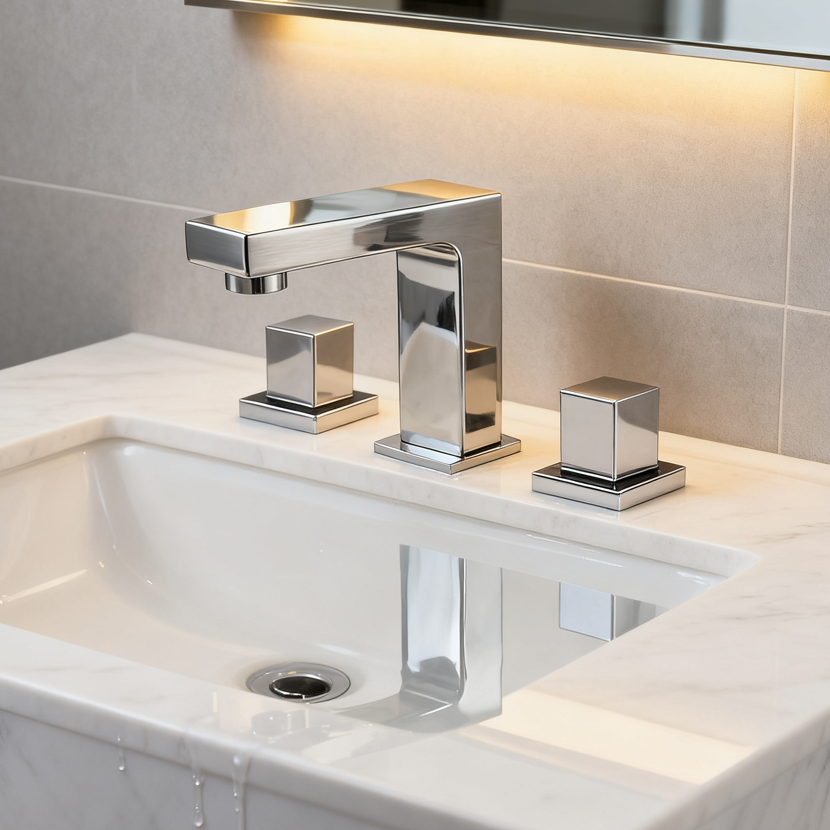 Polished Chrome Widespread Bathroom Sink Faucet with Dual Cube Handles Rectangular Aerated Spout Water-Efficient Flow and Corrosion-Resistant Brass Construction