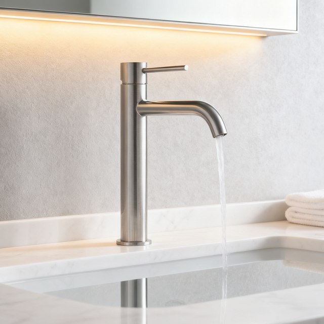 Elegant Tall Brushed Stainless Steel Basin Mixer Tap with Curved Spout – Minimalist 304 Stainless Steel Vessel Sink Faucet with Single Handle and Water-Saving Aerator Modern Bathroom Tap OEM Supplie