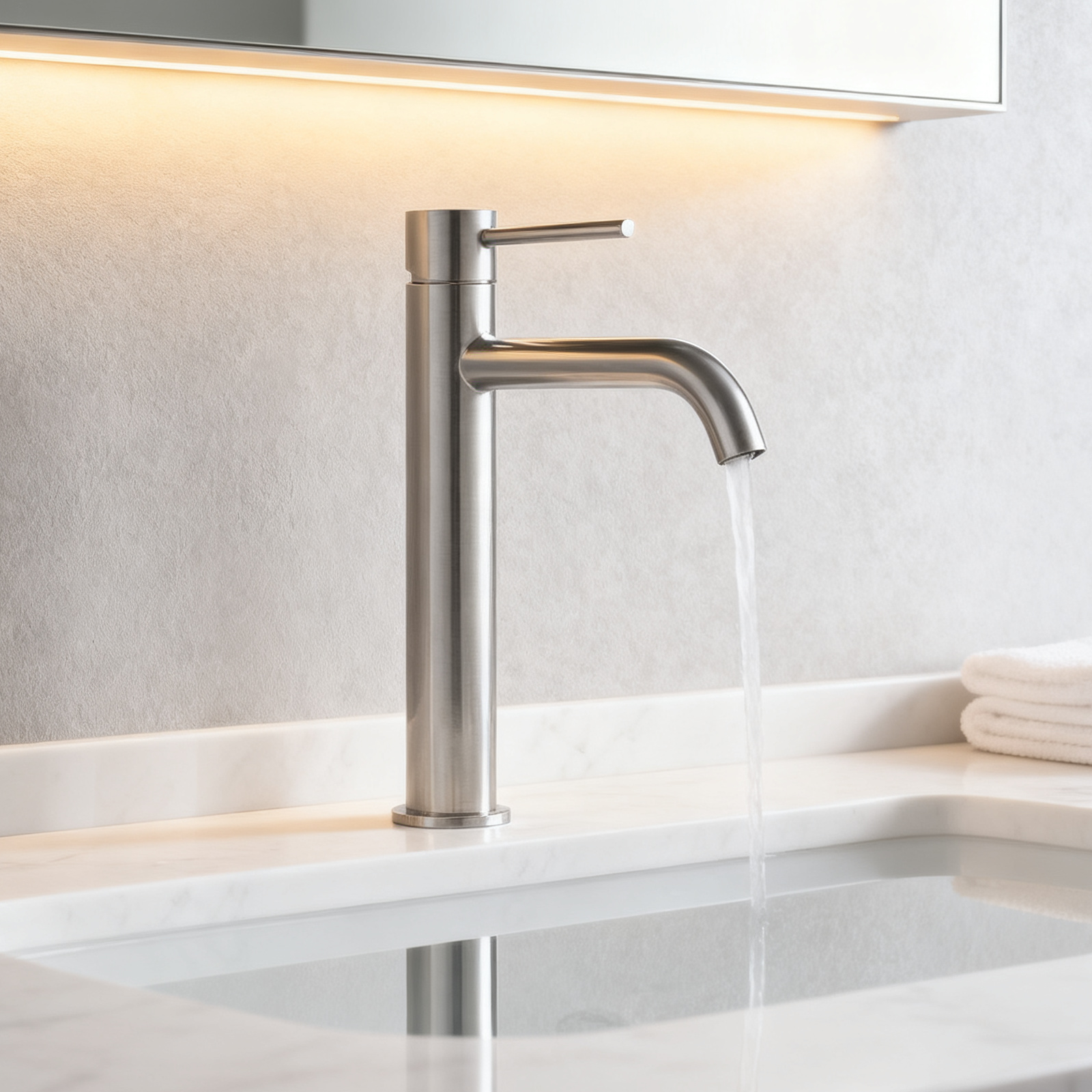 Elegant Tall Brushed Stainless Steel Basin Mixer Tap with Curved Spout – Minimalist 304 Stainless Steel Vessel Sink Faucet with Single Handle and Water-Saving Aerator Modern Bathroom Tap OEM Supplie