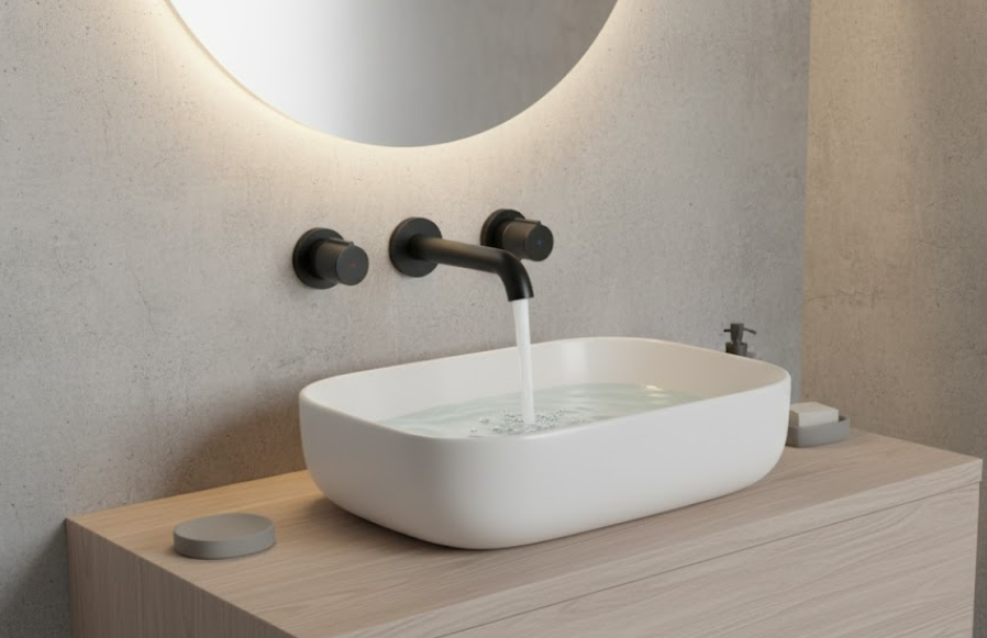 Matte Black Wall Mounted Dual Handle Bathroom Sink Faucet with Hot and Cold Controls Curved Aerated Spout and Corrosion Resistant Finish for Contemporary Vessel Sink and Basin Installations