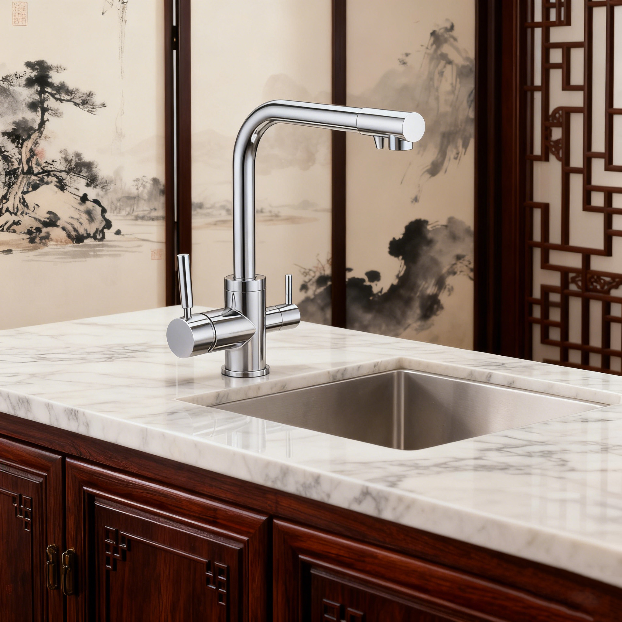 Brass Kitchen Faucet with Zinc-Alloy Handle and Dual-Function Sprayer for Drinking Water System Compatible with OEM/ODM Supply