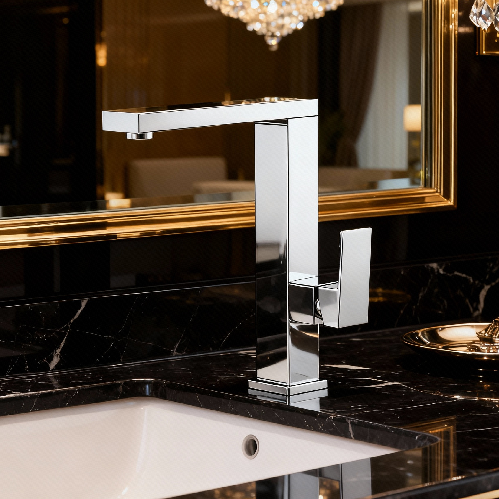 DF-02011TB DR Brass Basin Faucet – Modern Square Tall Mixer Tap for Countertop Wash Basins