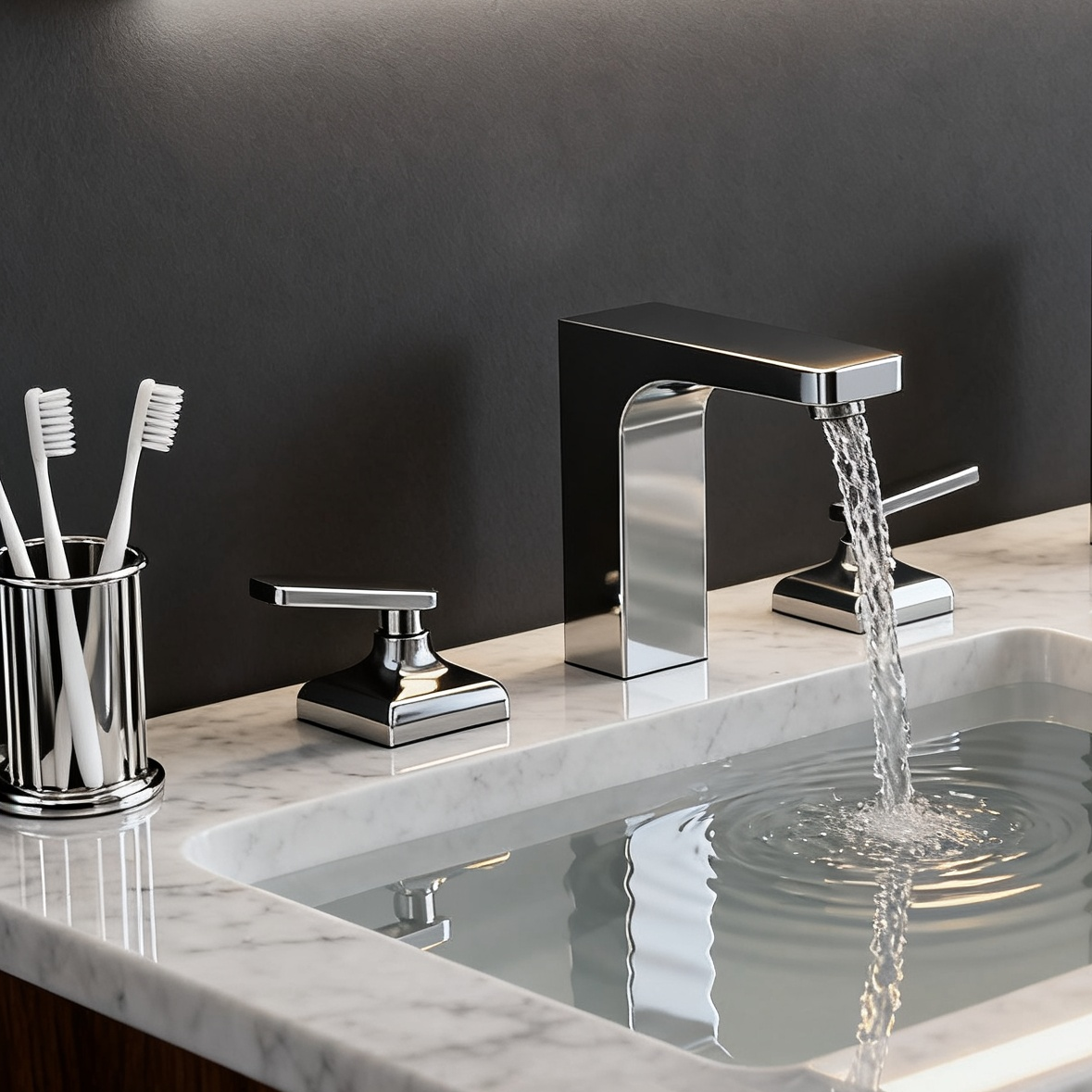 DF-4805 Three-Hole Brass Basin Mixer Faucet Luxury Solid Brass Bathroom Tap with Dual Handles and Precision Water Control Classic Deck-Mounted Widespread Basin Mixer OEM Manufacturer