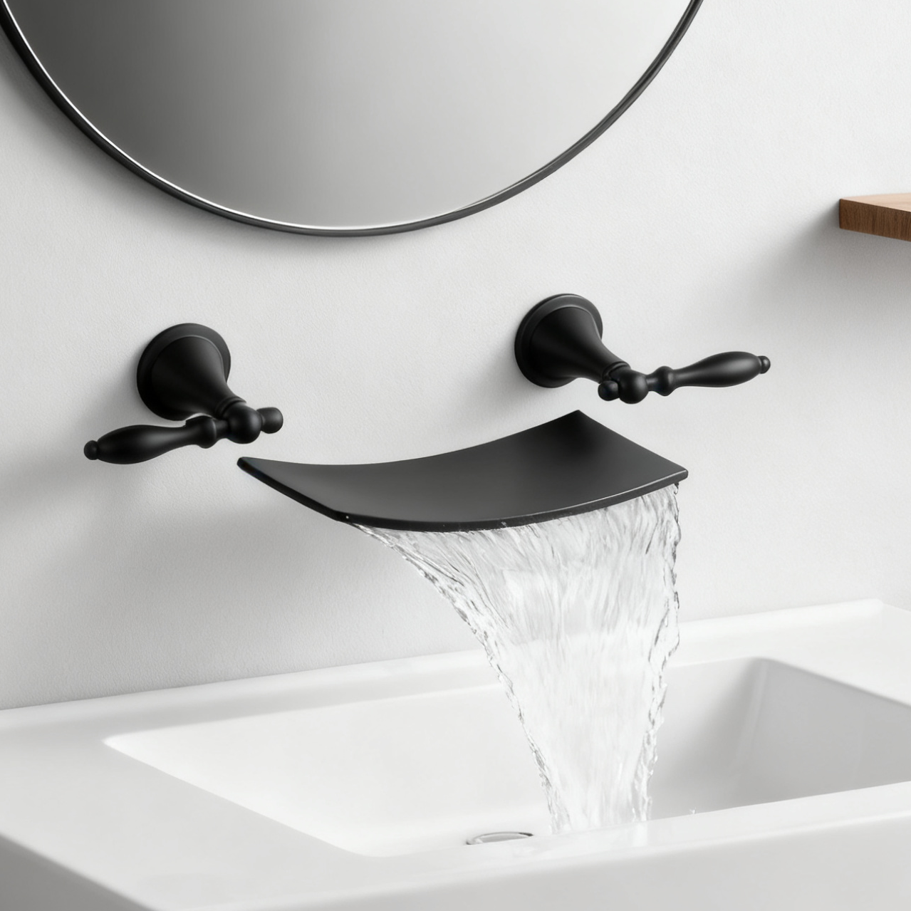 DF-05239 Brass Wall Mounted Basin Faucet Waterfall Spout Bathroom Mixer Tap – Dual Handle Vintage Design for Modern Bathrooms