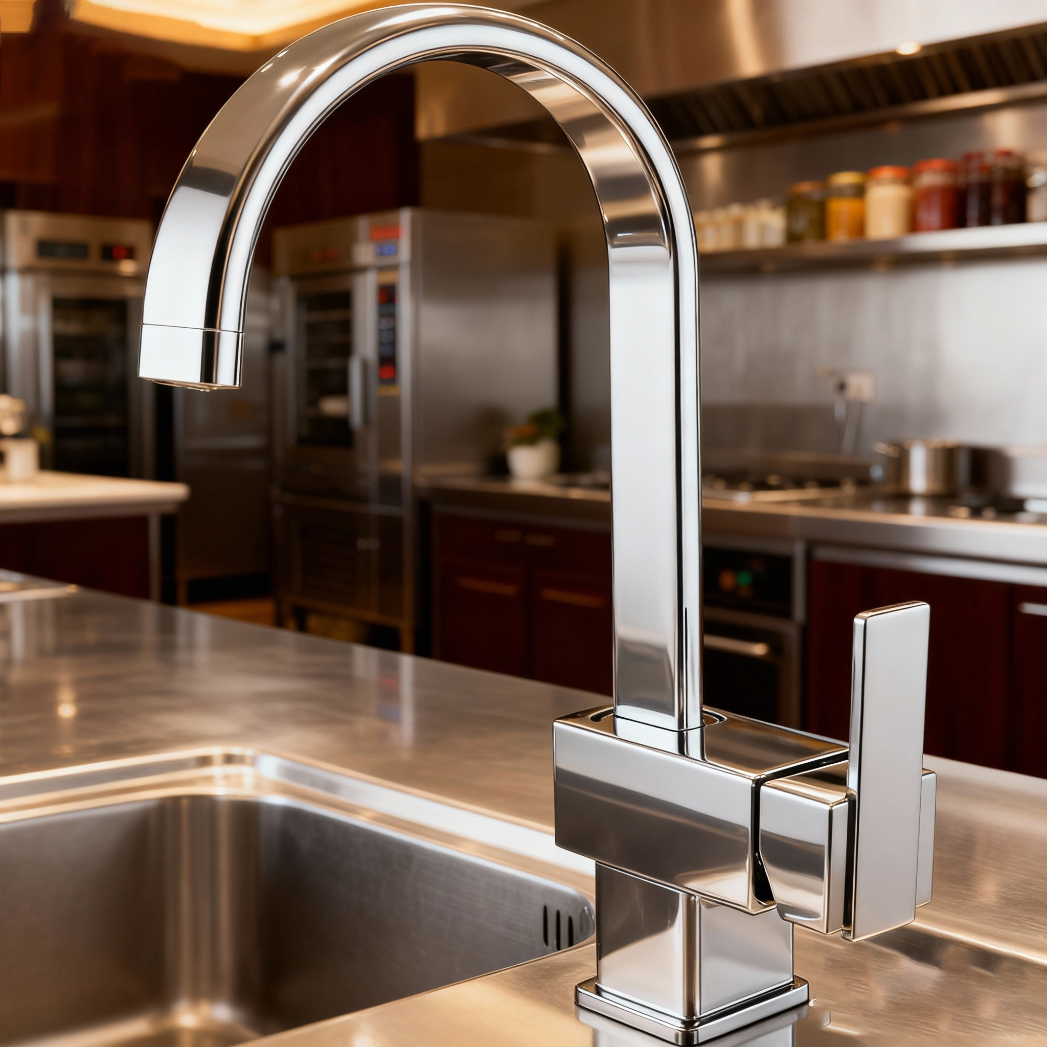 Modern Square-Base Kitchen Faucet with Chrome High Arc Mixer Tap with Sprayer for Residential and Commercial Projects