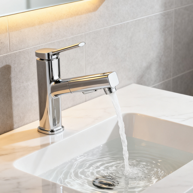 Polished Chrome Single Handle Tall Vessel Sink Bathroom Faucet with Pull-Out Sprayer Head Dual Function Aerated and Spray Modes and Corrosion-Resistant Copper Construction - Model 1401023