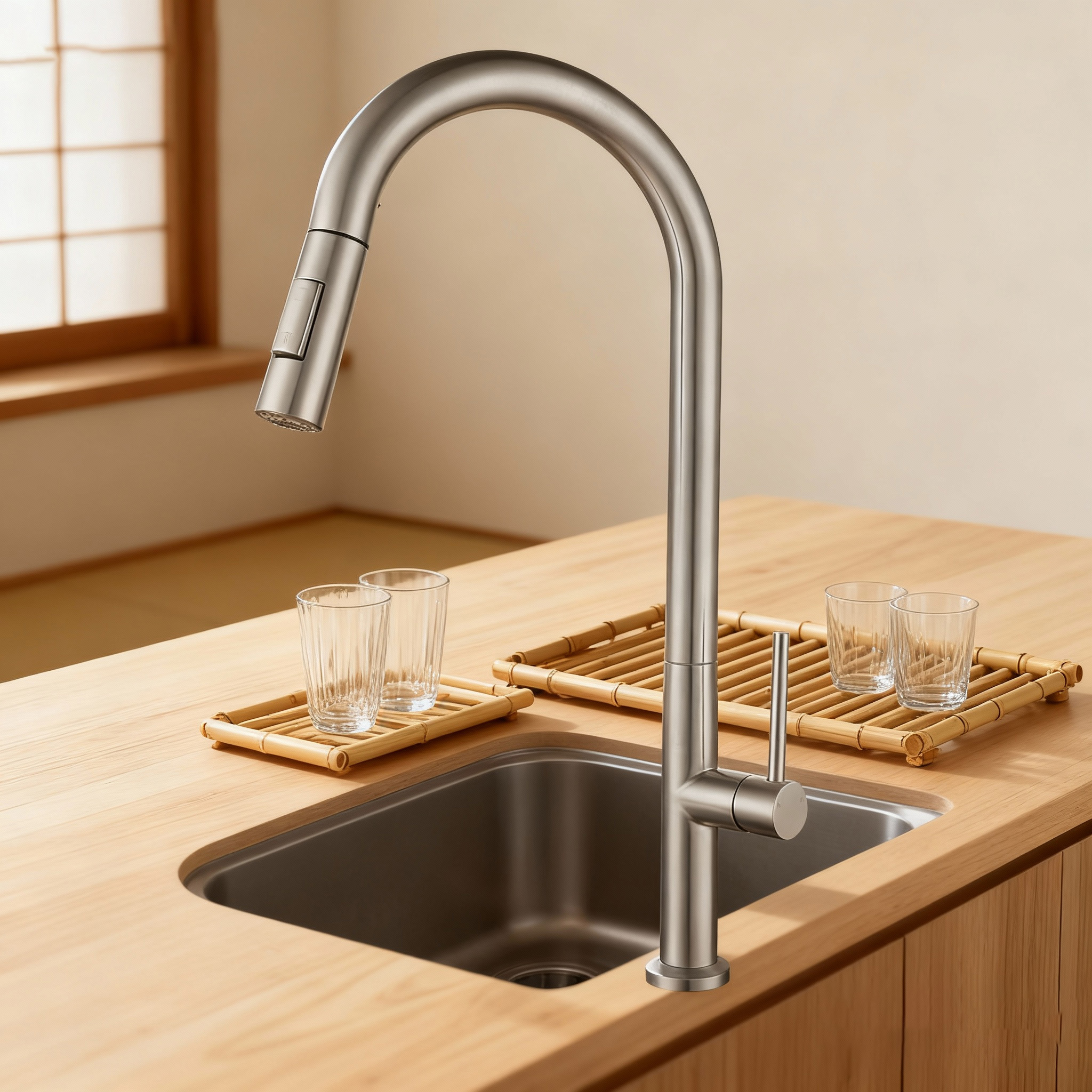 High Arc Stainless Steel Pull-Down Kitchen Faucet with Dual-Function Sprayer from China manufacturer 