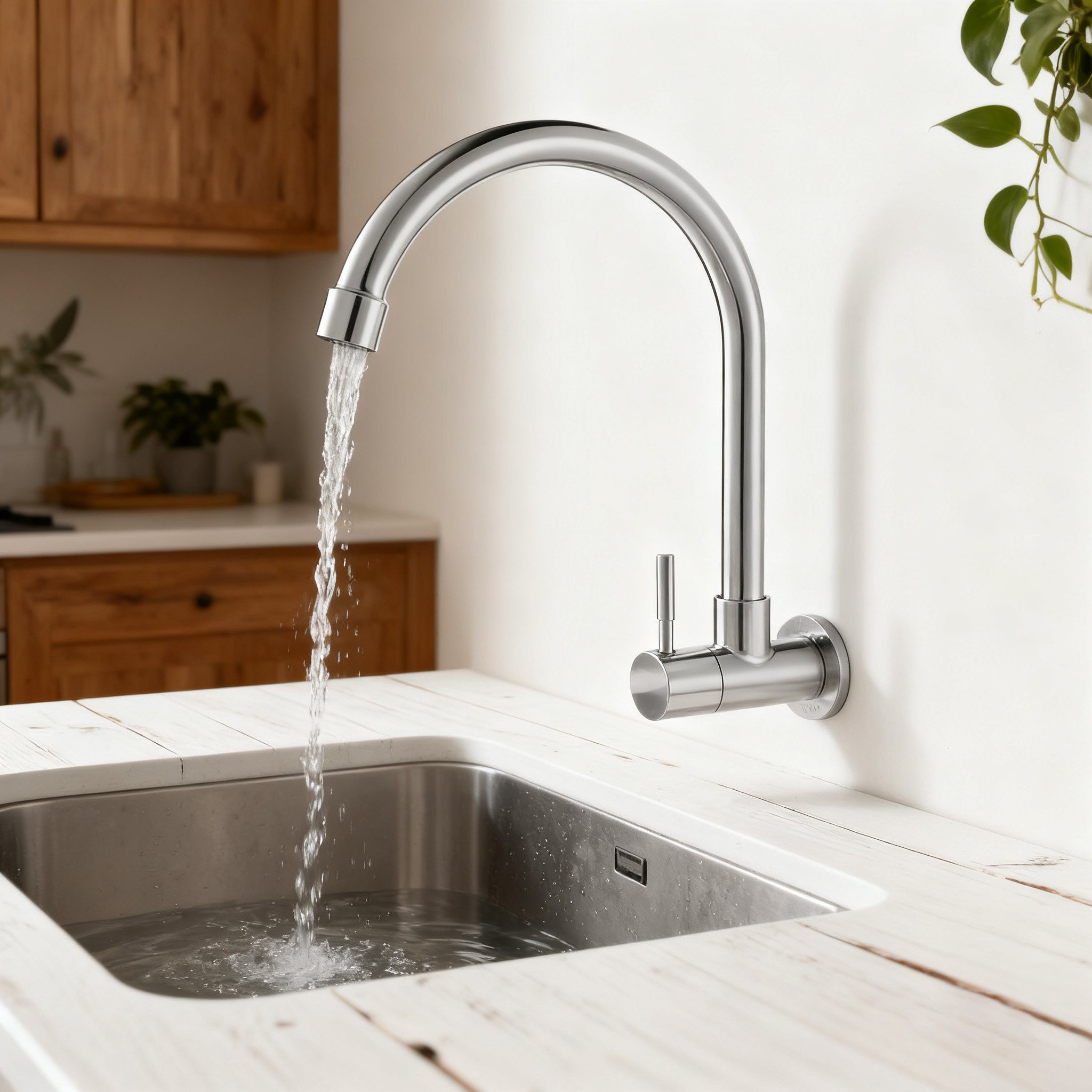 Wall-Mounted Kitchen Faucet in Full 304 Stainless Steel with High-Arc Rotatable Spout for Global Commercial Kitchens