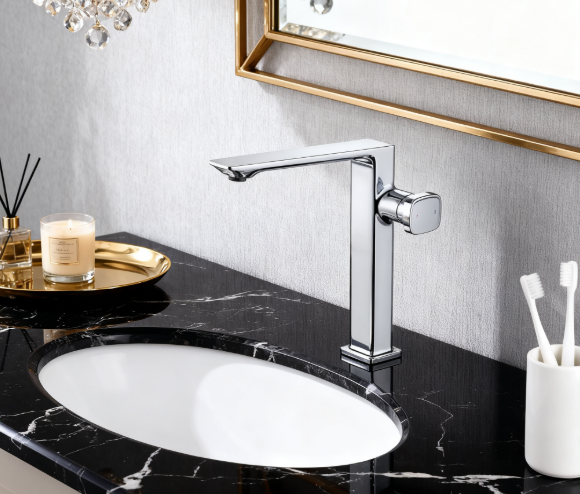 Modern Chrome Tall Basin Mixer Tap – Single Handle Brass Bathroom Faucet with Water-Saving Sprayer Aerator for Residential And Commercial Projects