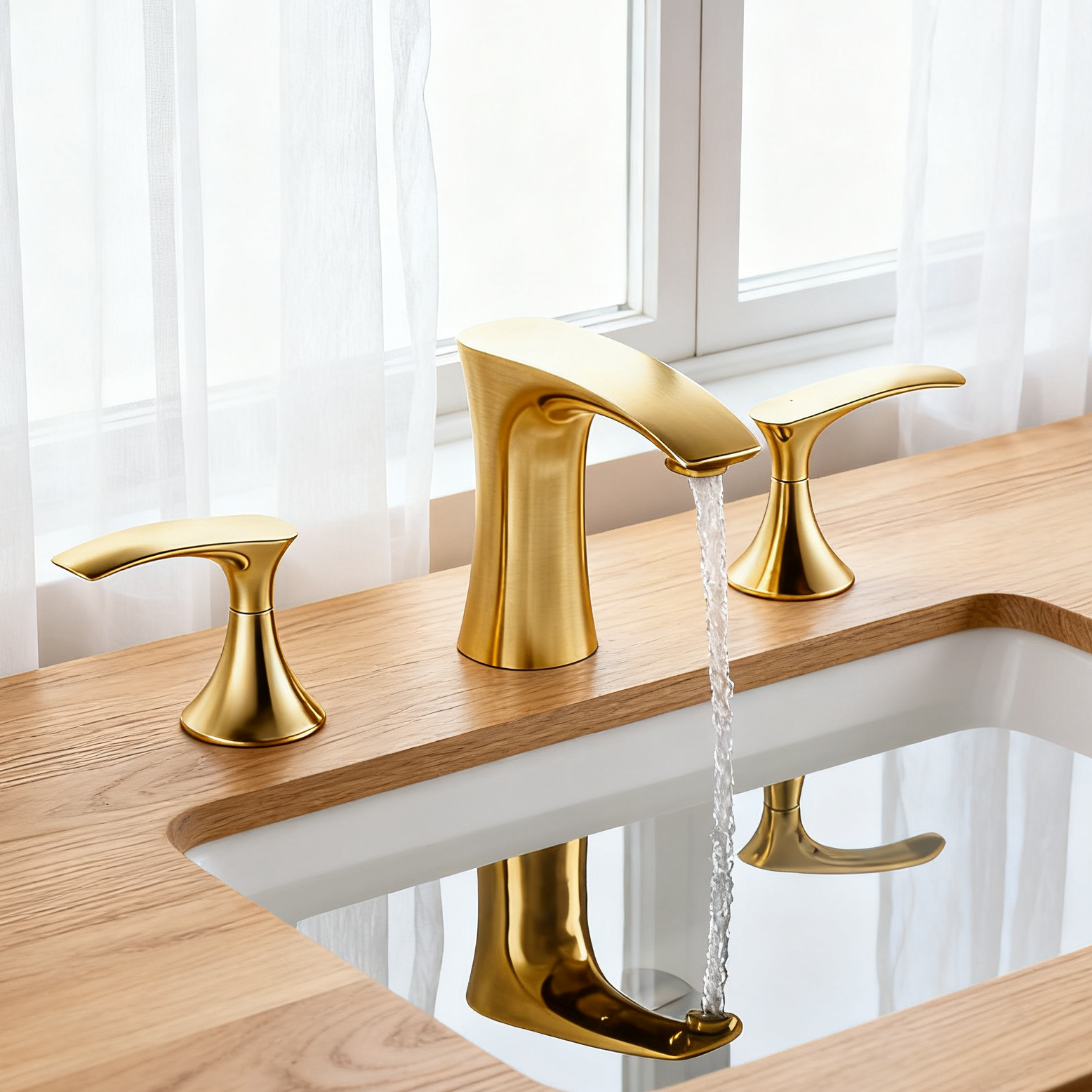 DF-05222-2 Brushed Gold 3-Hole Brass Basin Faucet – Luxury Modern Dual Handle Mixer Tap