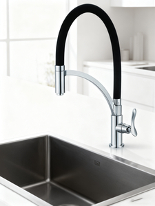 Modern Flexible Silicone Hose Kitchen Faucet with Chrome Finish, Single Handle Pull Down Mixer Tap for Sink