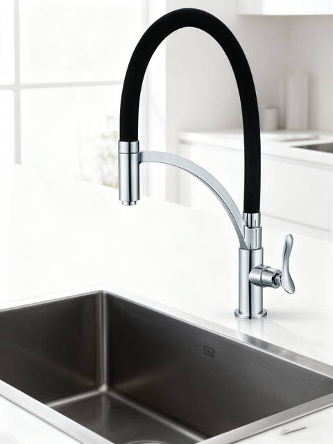Modern Flexible Silicone Hose Kitchen Faucet with Chrome Finish, Single Handle Pull Down Mixer Tap for Sink