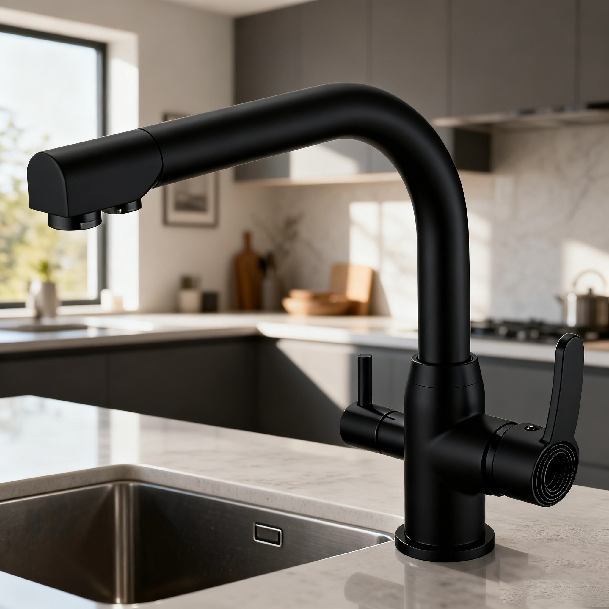 Dual-Handle Brass Kitchen Faucet with Drinking Water Function in Premium Brass Body + Zinc Alloy Handle for Project