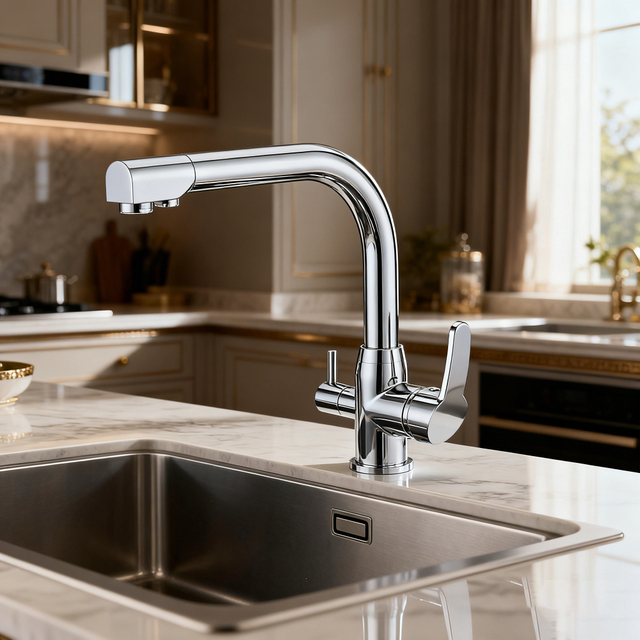 Dual-Handle Brass Kitchen Faucet with Drinking Water Function in Premium Brass Body + Zinc Alloy Handle for Project