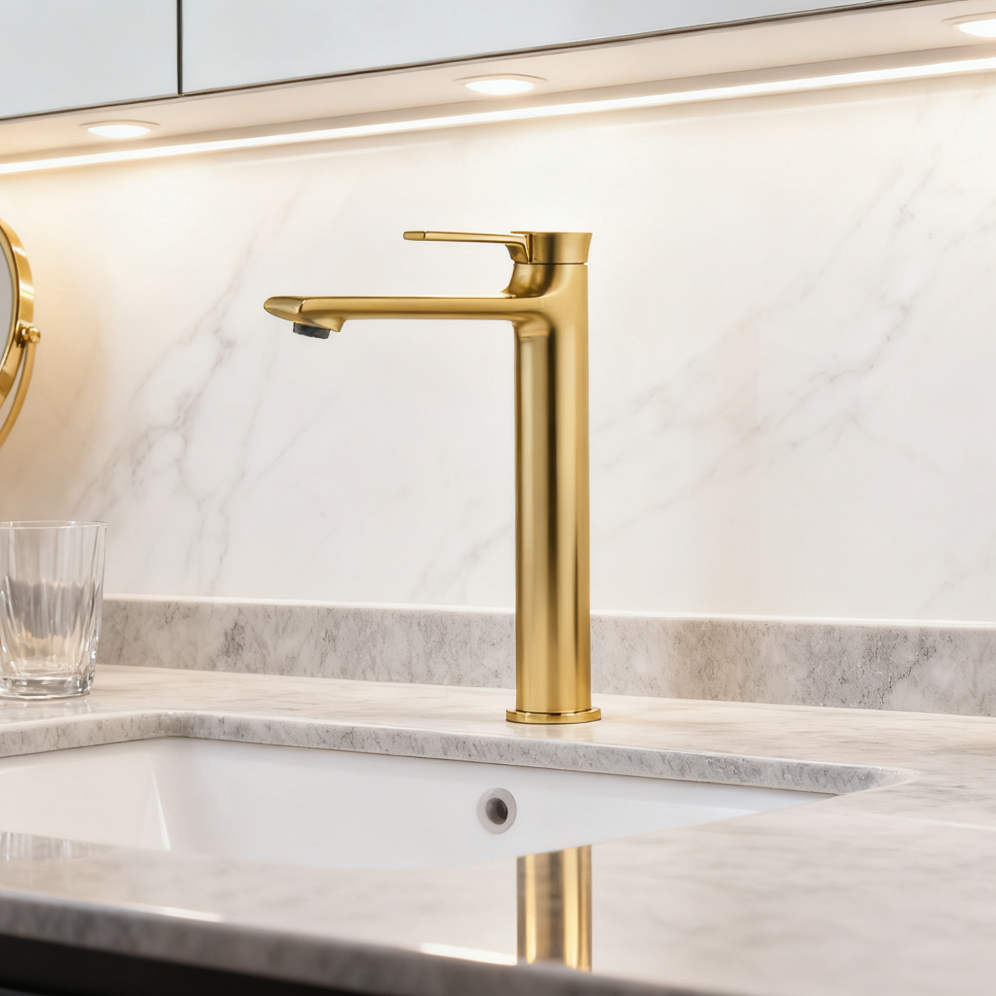 1401032 Brushed Gold Brass Basin Faucet — Tall Luxury Mixer Tap for Vessel Sink Applications