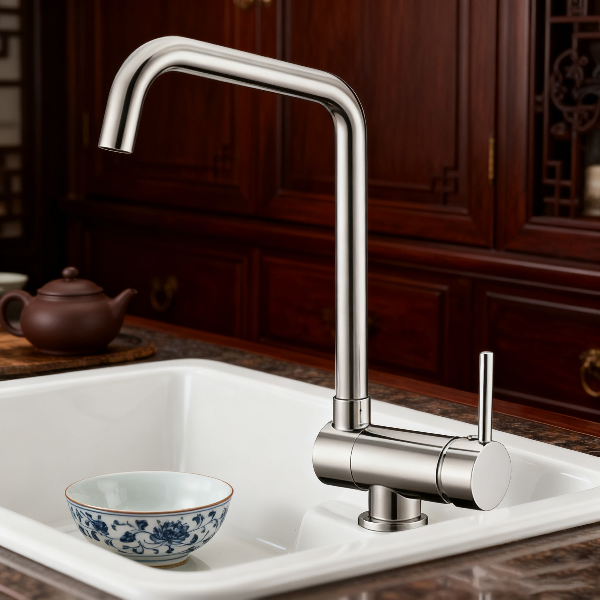 Modern Brass Kitchen Faucet in Chrome Finish Fixed Spout Mixer for Residential or Commercial Projects 
