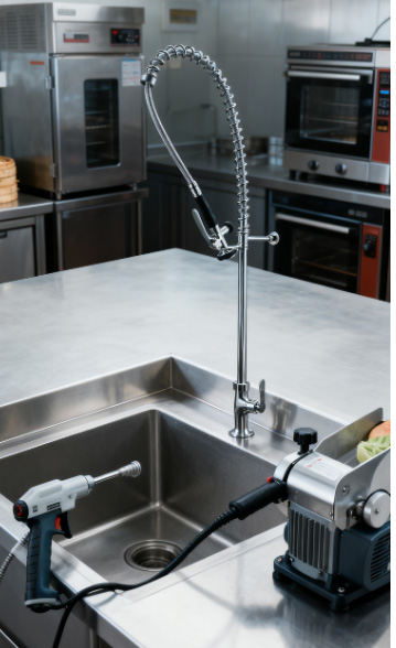 Commercial Pre-Rinse Kitchen Faucet with Pull Down Sprayer for Restaurant and Hotel Use