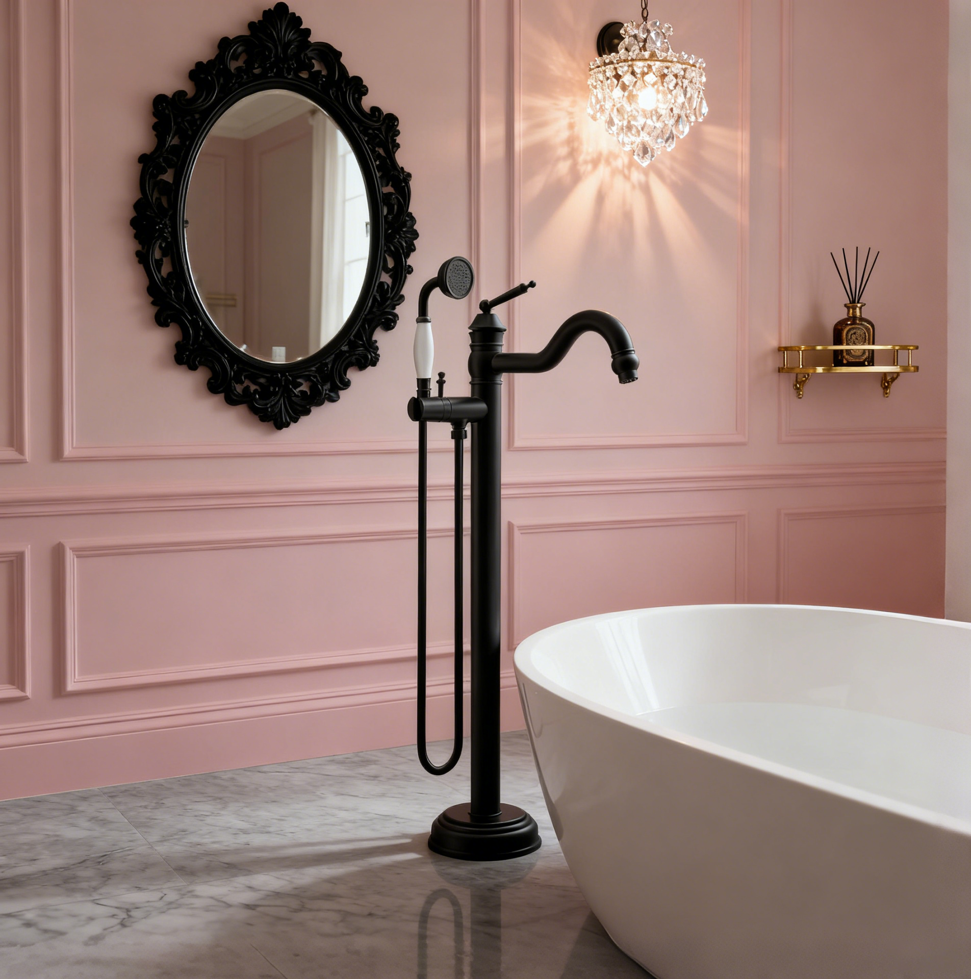 Freestanding bathtub faucet with hand shower