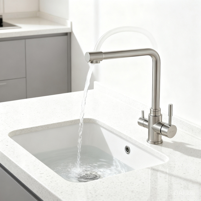 Stainless Steel Kitchen Faucet with Dual-Handle Design and 360° Swivel Spout for Residential or Commercial Kitchens