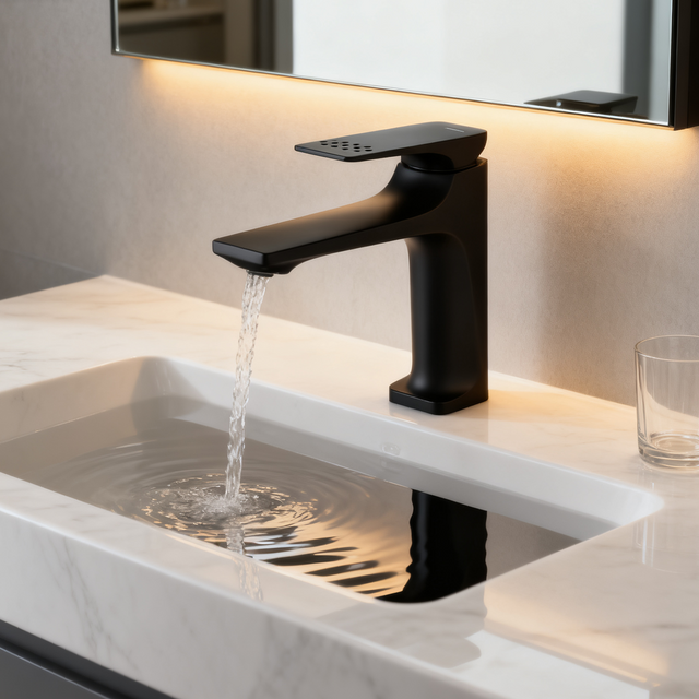 Zinc Alloy Basin Mixer Tap – Model 1401021 Modern Matte Black Single Handle Bathroom Faucet with Aerated Sprayer for Commercial And Residential Projects