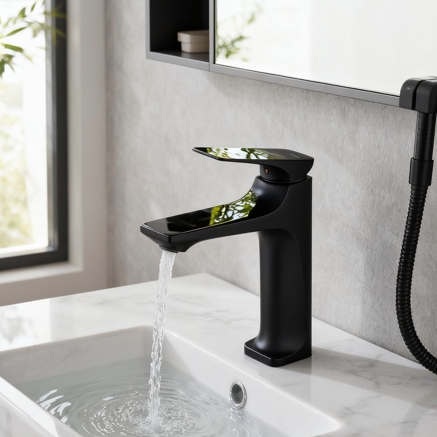 Zinc Alloy Basin Mixer Tap – Model 1401021 Modern Matte Black Single Handle Bathroom Faucet with Aerated Sprayer for Commercial And Residential Projects