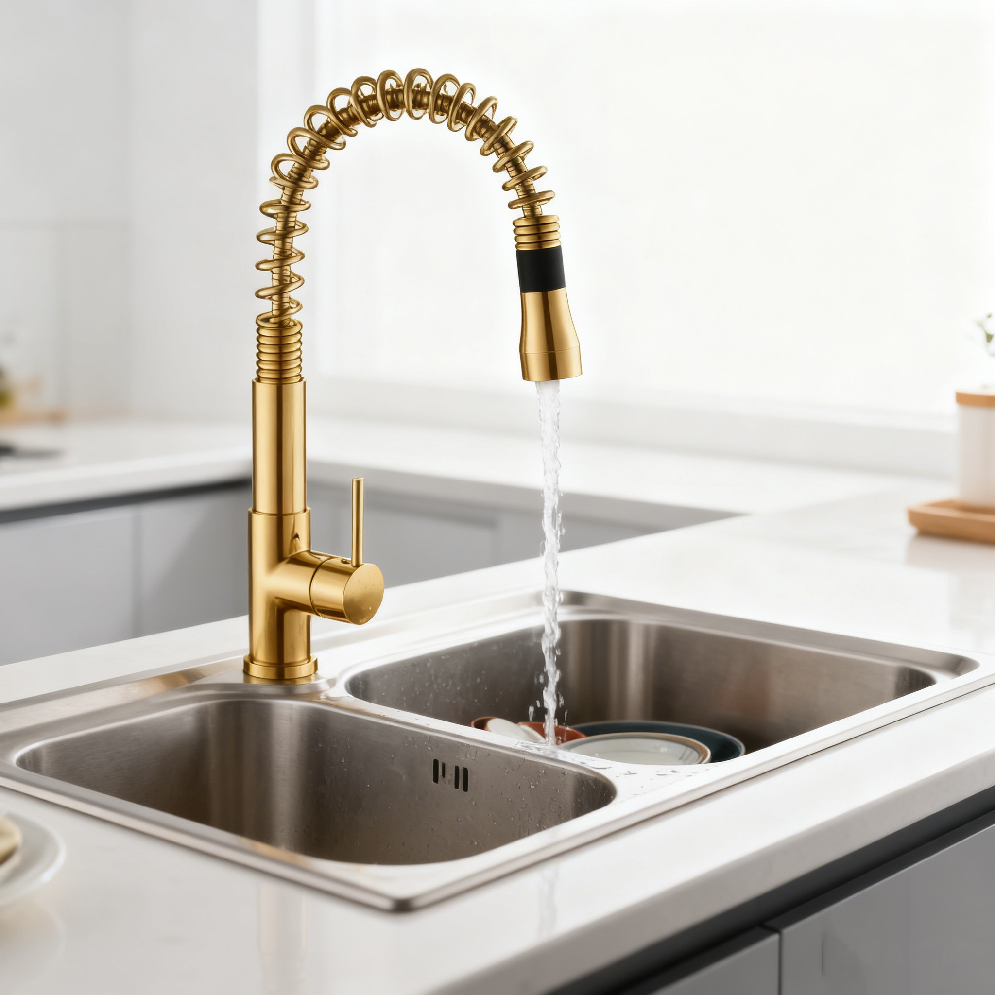 Commercial-Style Brass Kitchen Faucet with Pull-Down Sprayer for kitchen Project Global Supply