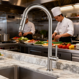 High Arc Stainless Steel Pull-Down Kitchen Faucet with Dual-Function Sprayer from China manufacturer 