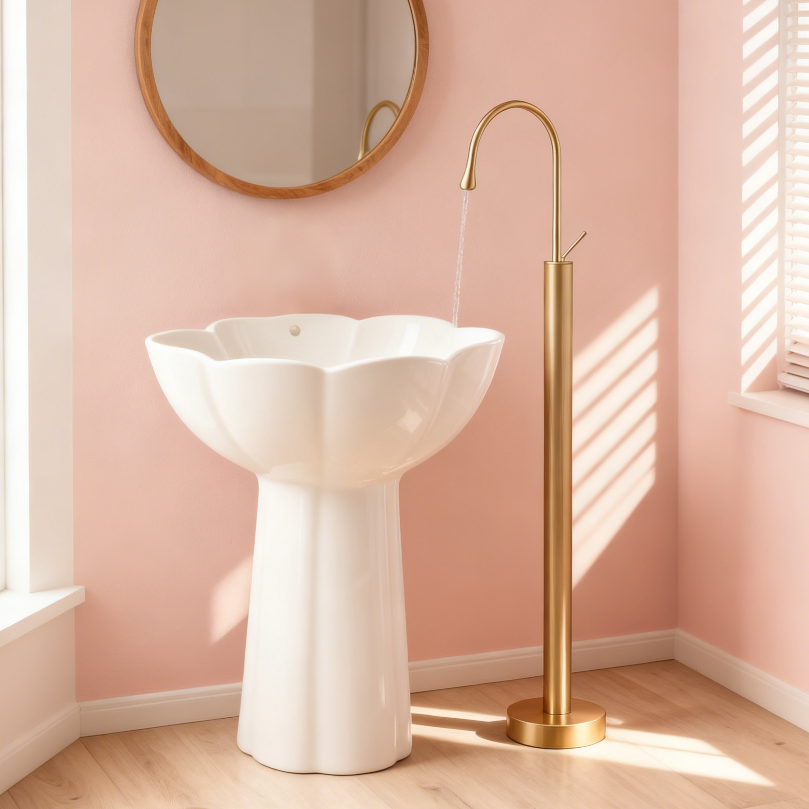 Polished Gold Freestanding Bathtub Faucet with Curved High Arc Teardrop Spout Lever Handle Aerated Flow Corrosion-Resistant Copper Construction and G1/2 Inlet Pipe - Model 1401008