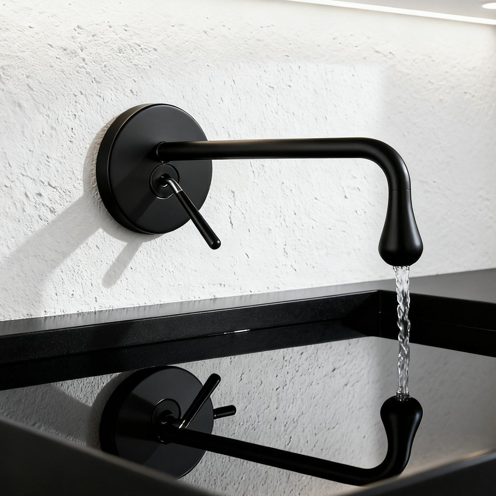 Matte Black Wall Mounted Bathroom Sink Faucet with Curved Teardrop Spout Lever Handle Aerated Flow Corrosion-Resistant Copper Construction and Sleek Minimalist Design - Model 1401014