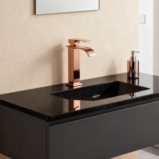 DF-11008 Rose Gold Brass Basin Faucet – Luxury Tall Waterfall Mixer Tap for Modern Bathrooms