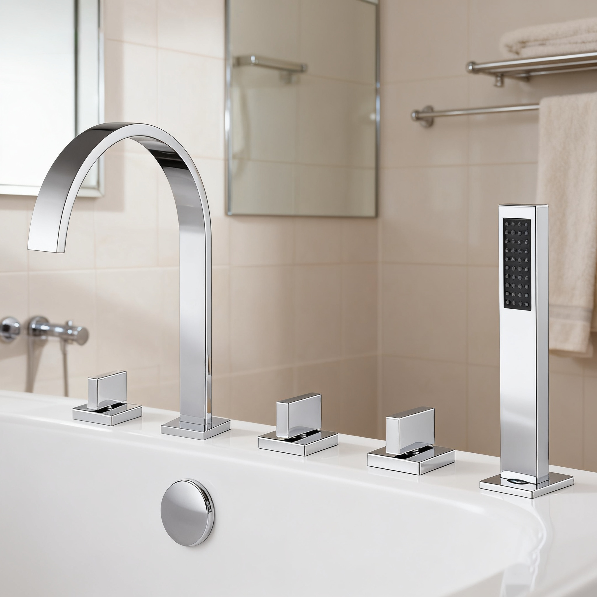 5-Hole Deck-Mounted Bathtub Faucet Set | Brushed Gold | Elegant Arc Design