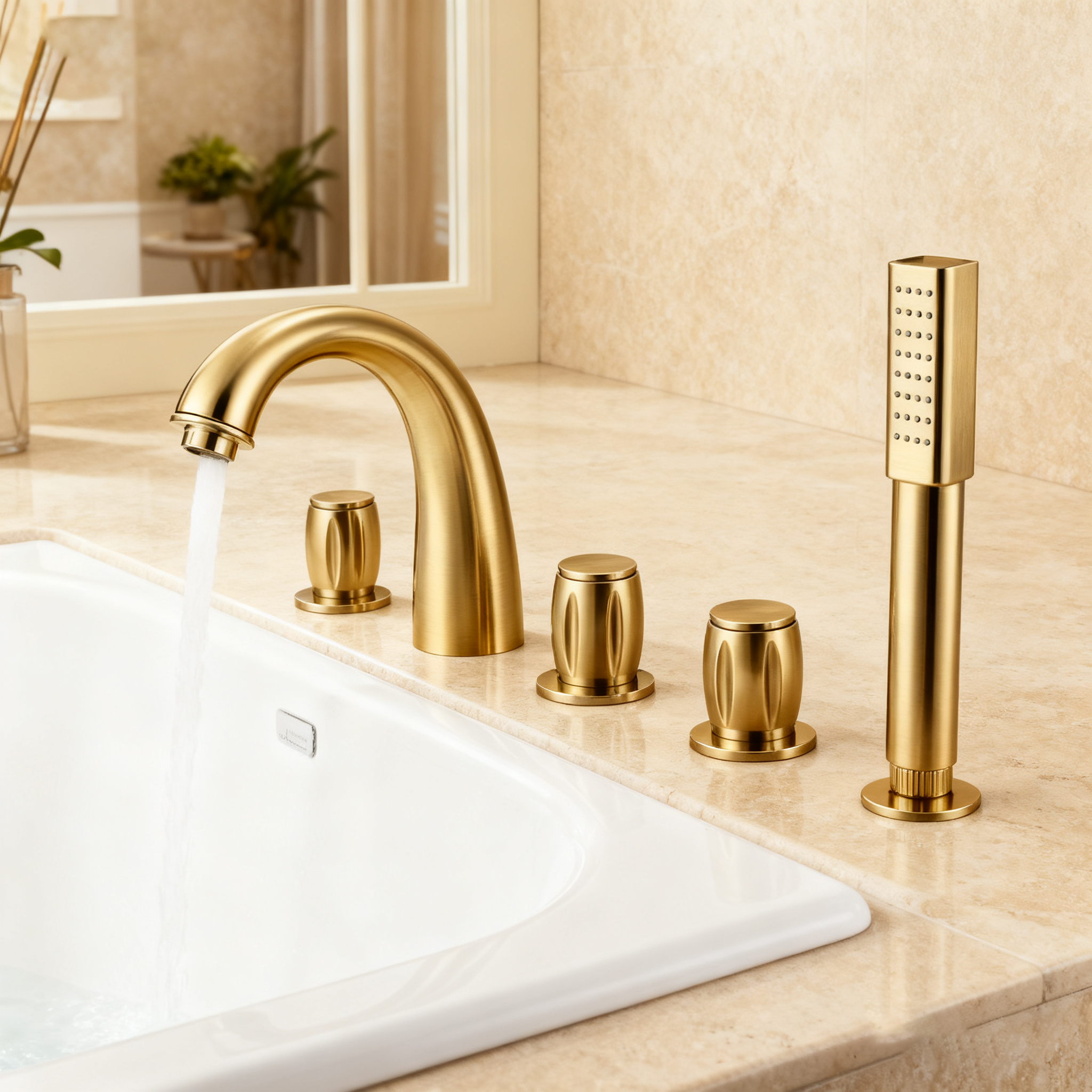 Deck-Mounted Roman Tub Faucet Set with Hand Shower | Brass Body, Chrome Finish