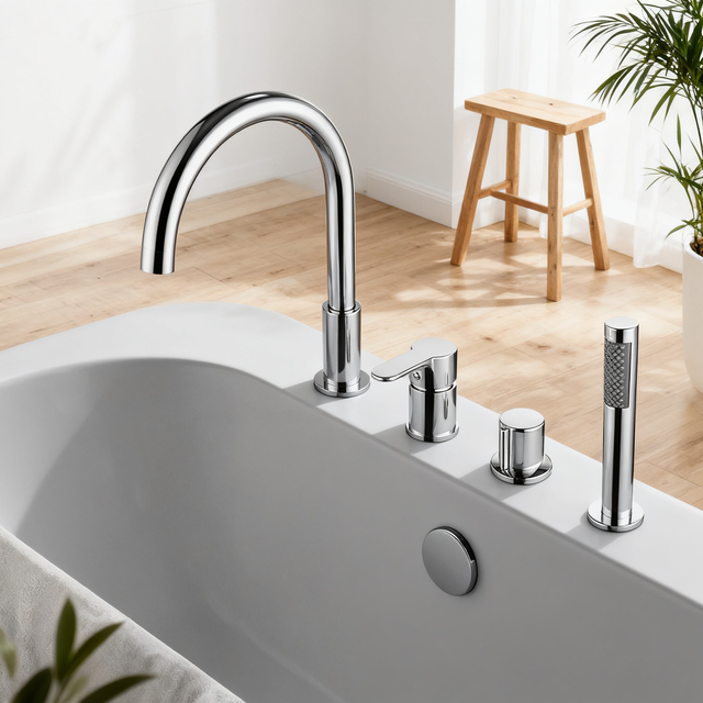 Deck-Mounted Bathtub Mixer – Contemporary Round Arch Design with Hand Shower