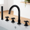 DF-02035 Deck-Mounted Bathtub Mixer – Classic Cross Handle 5-Hole Roman Tub Faucet Set in Brushed Gold