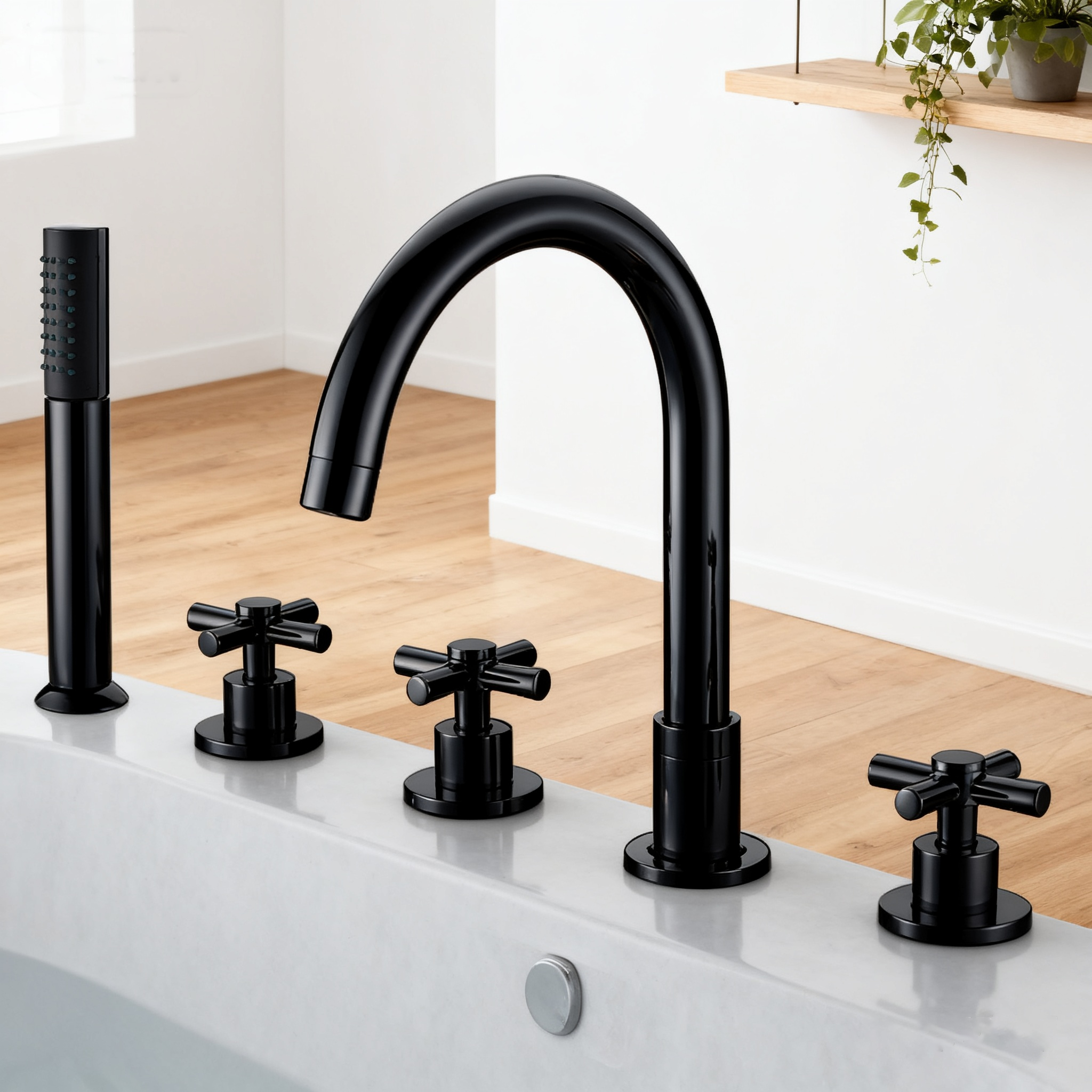 DF-02035 Deck-Mounted Bathtub Mixer – Classic Cross Handle 5-Hole Roman Tub Faucet Set in Brushed Gold