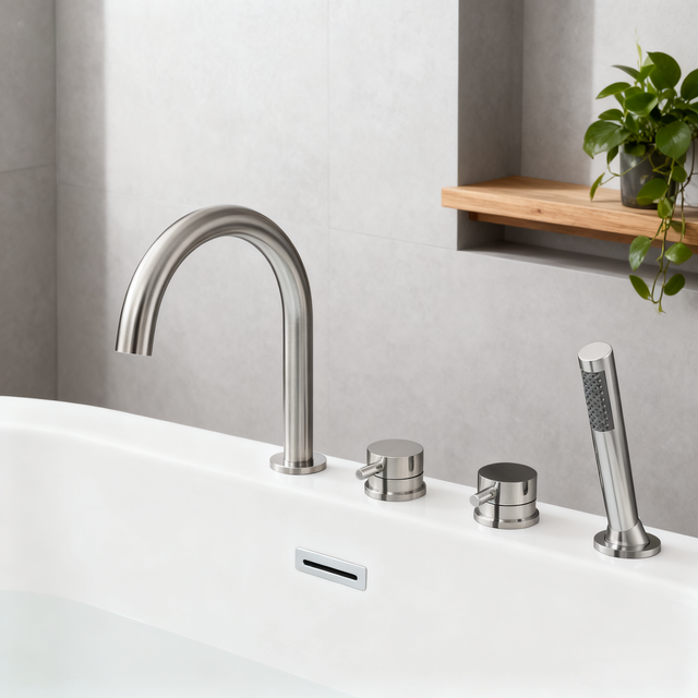 DF-05036 High-Flow 4-Hole Deck-Mounted Roman Tub Faucet Set – Modern Round Arch Spout with Hand Shower