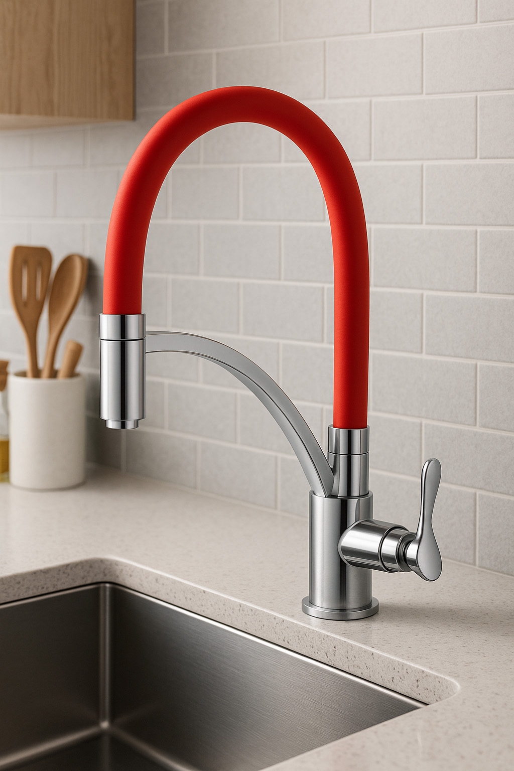 Modern Flexible Silicone Hose Kitchen Faucet with Chrome Finish, Single Handle Pull Down Mixer Tap for Sink
