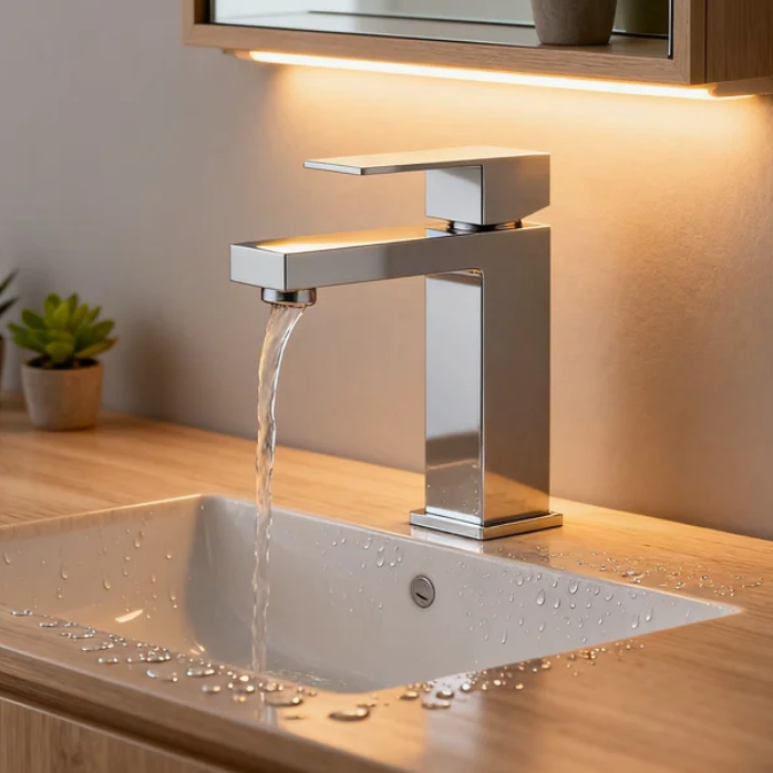 Brushed Nickel Single Handle Basin Mixer Tap – Solid Brass Modern Bathroom Faucet with Water-Saving Aerator and Square Spout for Residential And Commercial Projects