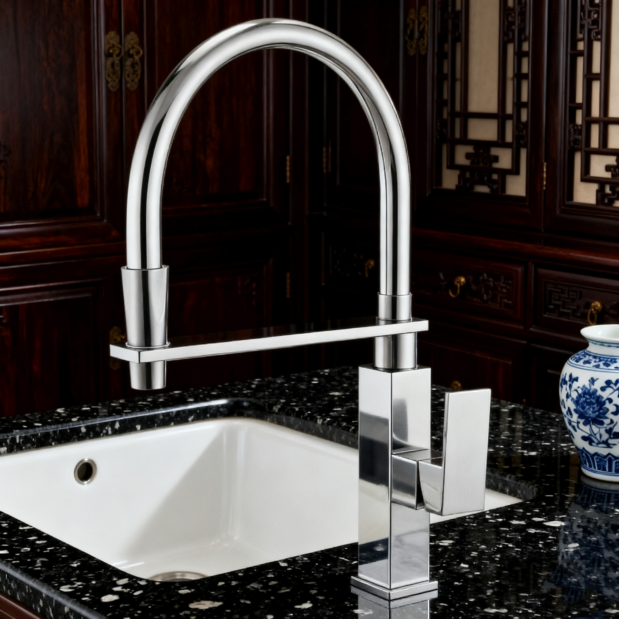 Modern Chrome Kitchen Faucet with Swivel Sprayer and Premium Brass Construction 
