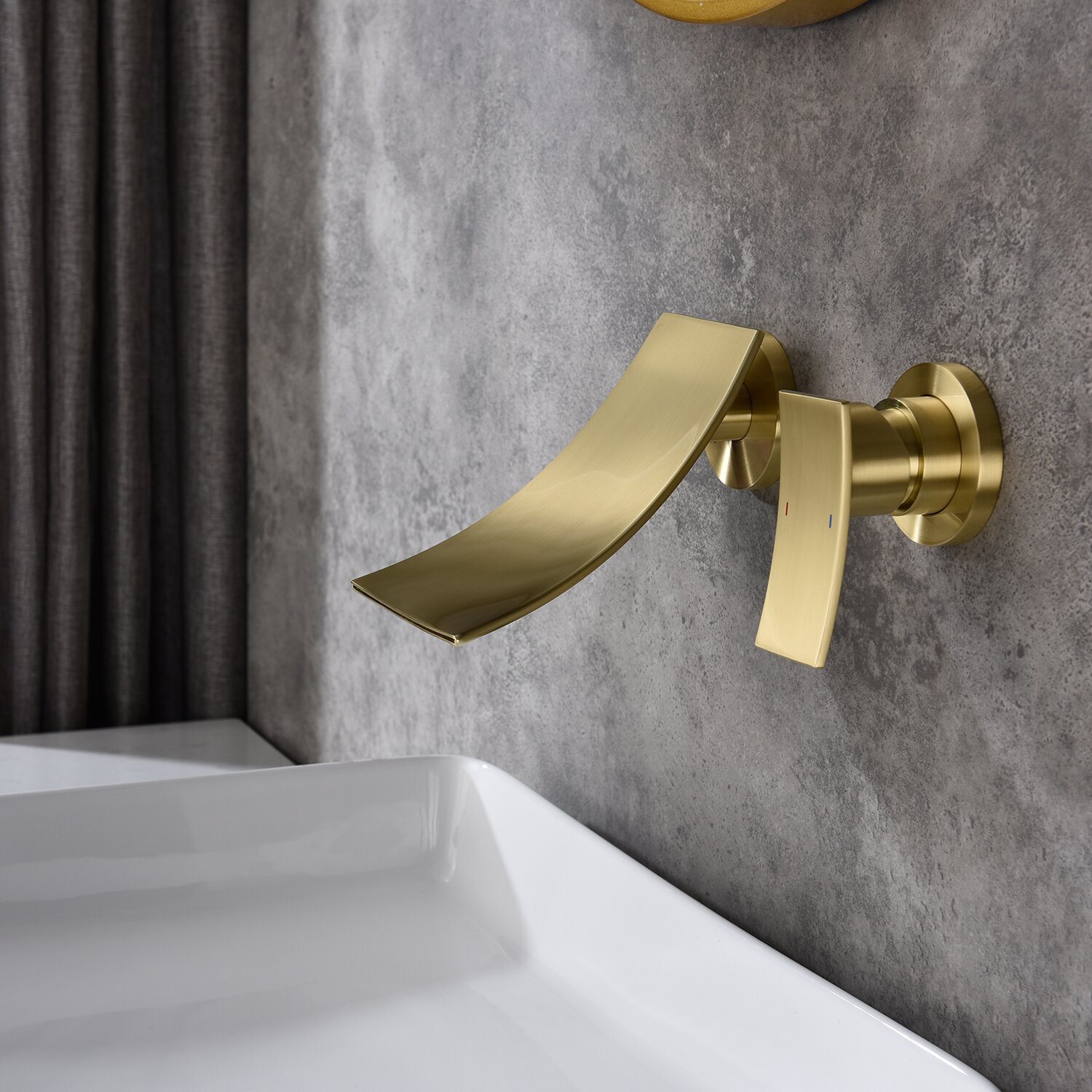 Brushed Gold Wall Mounted Waterfall Bathroom Sink Faucet with Single Lever Handle Wide Cascade Spout and Corrosion Resistant Finish for Modern Basin Installations