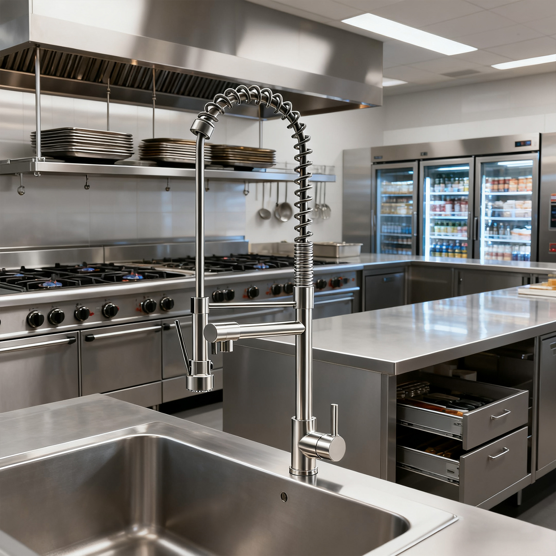 Commercial Pre-Rinse Kitchen Faucet | Pull Down Sprayer Industrial Sink Tap for Restaurant & Home Use