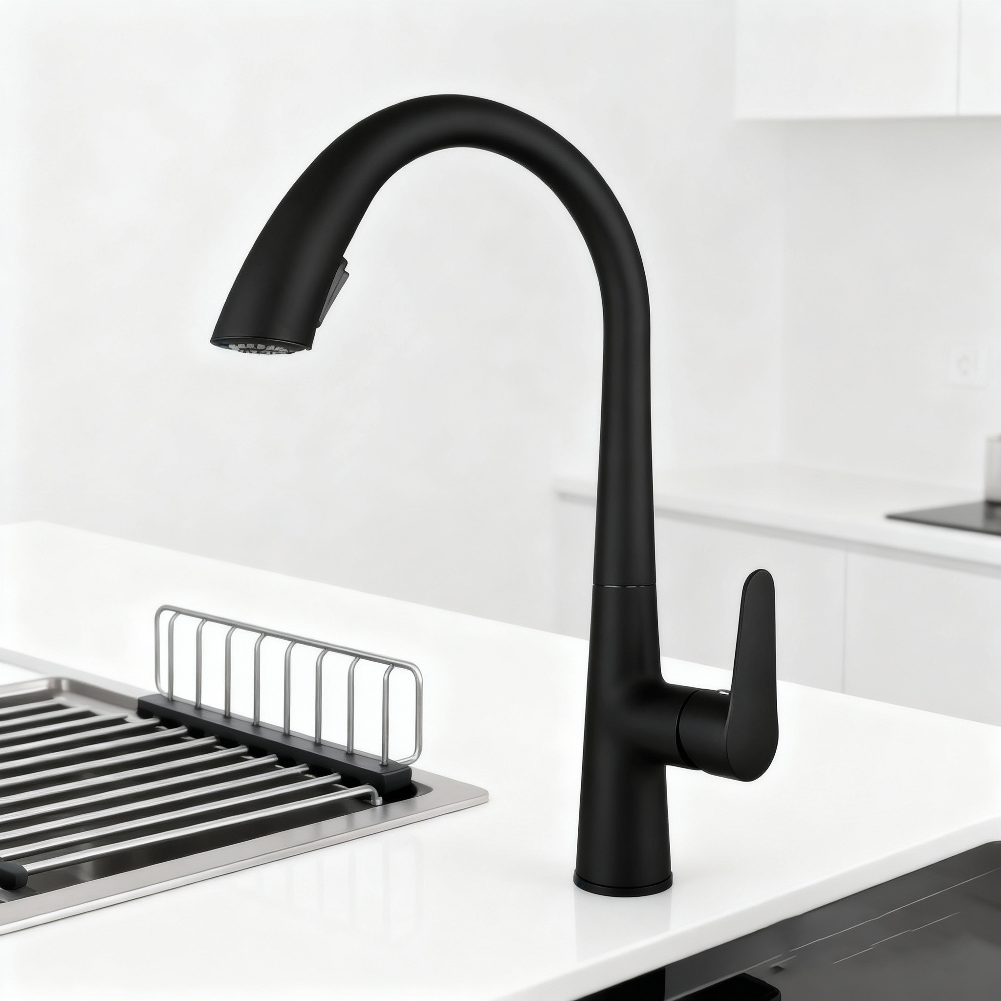 Modern Chrome Zinc Alloy Pull Out Kitchen Faucet with High Arc Spout and Dual Function Sprayer for Commercial and Home Use