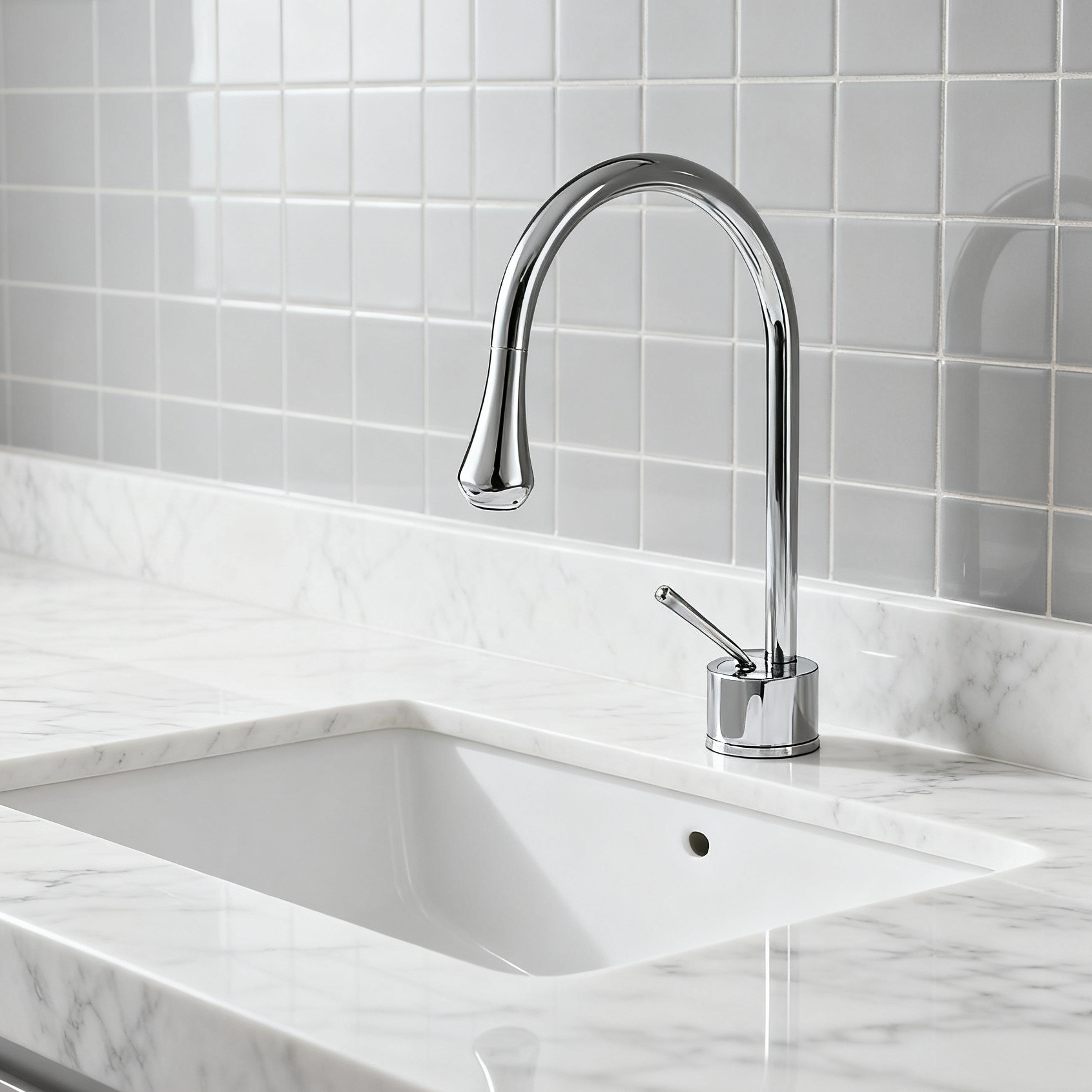 1401005 Solid Brass Basin Faucet Modern Chrome Bathroom Mixer Tap with Single Handle – G1/2” Inlet Sleek Gooseneck Design