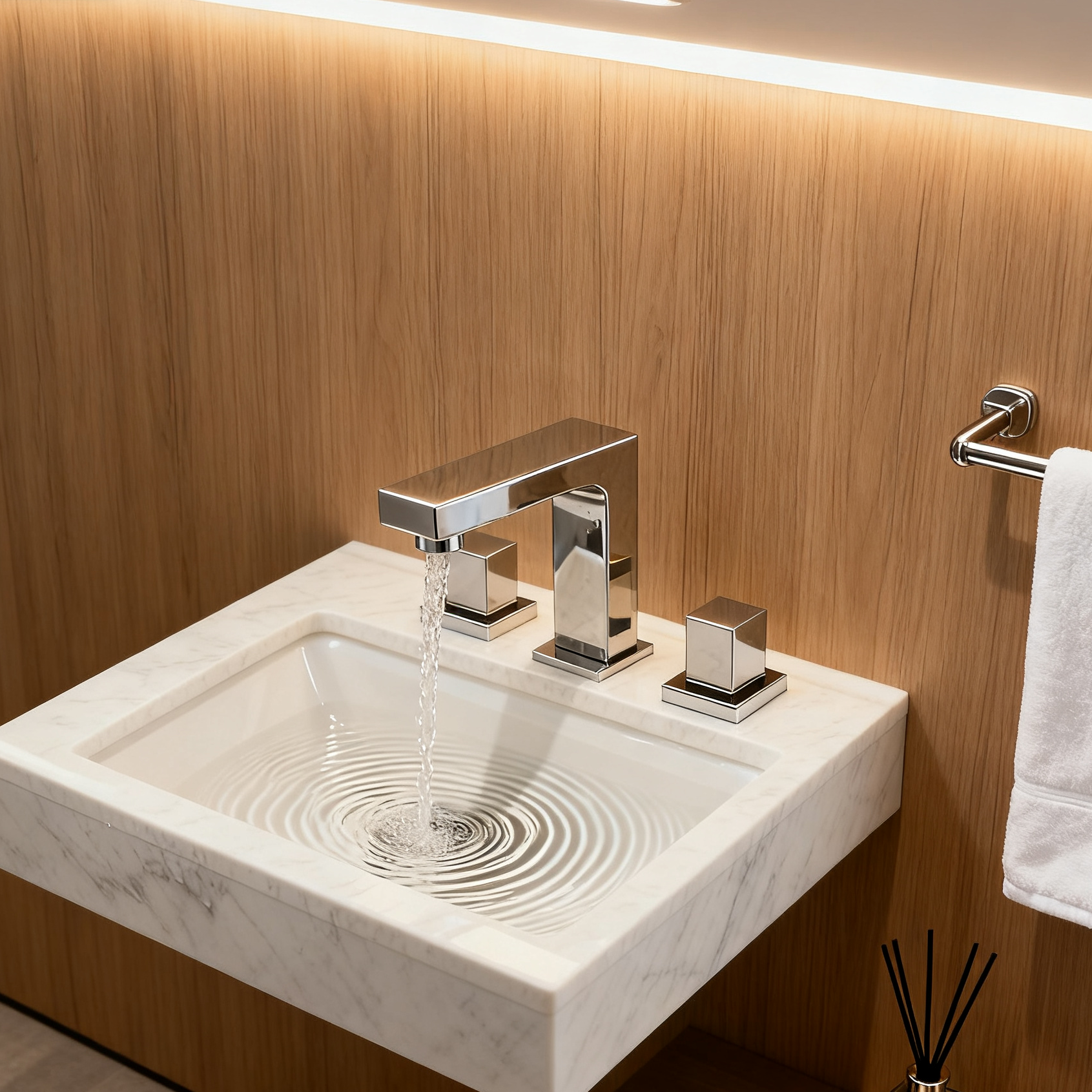 Polished Chrome Widespread Bathroom Sink Faucet with Dual Cube Handles Rectangular Aerated Spout Water-Efficient Flow and Corrosion-Resistant Brass Construction