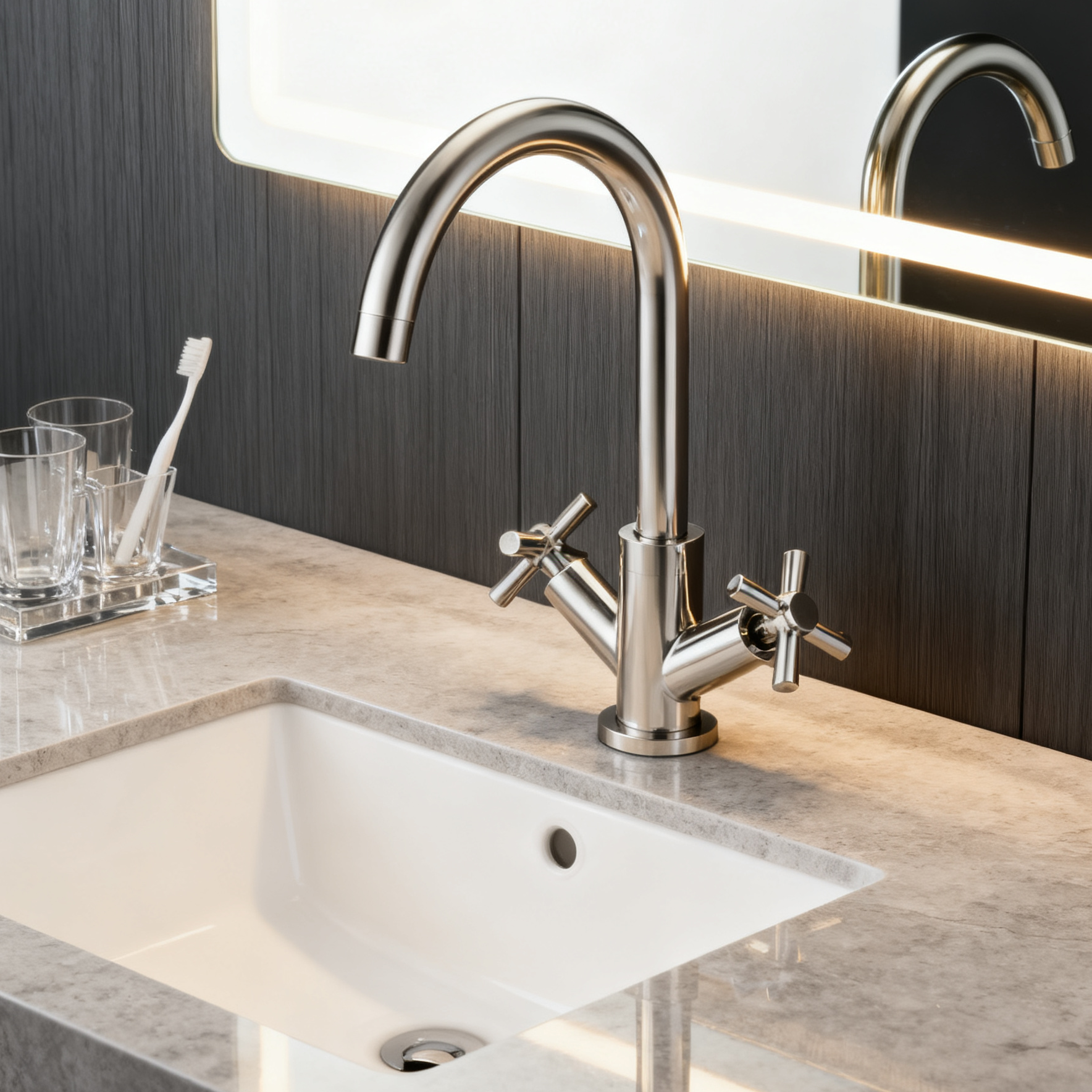 DF-03013 Brass Basin Faucet – Dual Cross Handle Bathroom Mixer with Aerator Sprayer