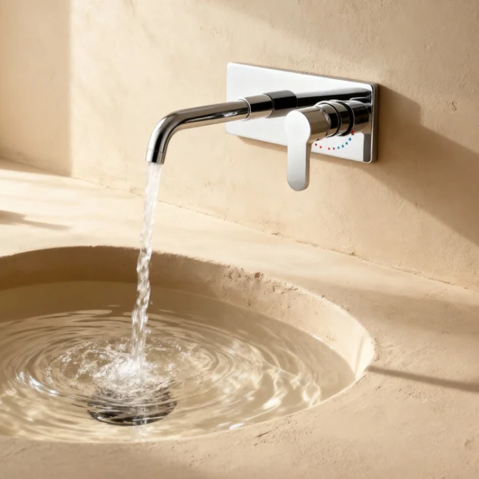 Modern Wall-Mounted Chrome Brass Basin Faucet with Single Lever Mixer And Aerated Sprayer Premium Bathroom Tap for Hotels, Villas & Residential Projects