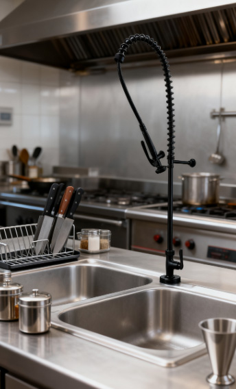 Commercial Pre-Rinse Kitchen Faucet with Pull Down Sprayer for Restaurant and Hotel Use