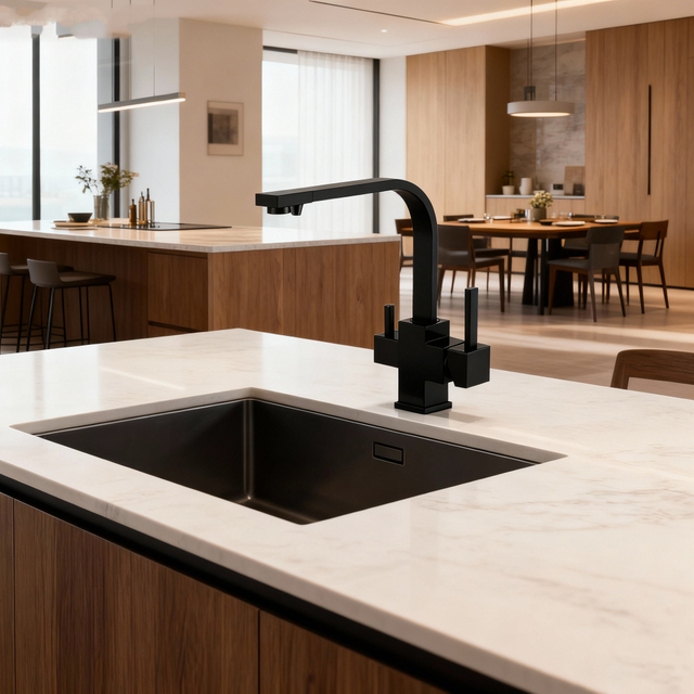 Modern Square-Design Three Way Brass Kitchen Faucet with Zinc-Alloy Handles and Dual-Outlet Sprayer