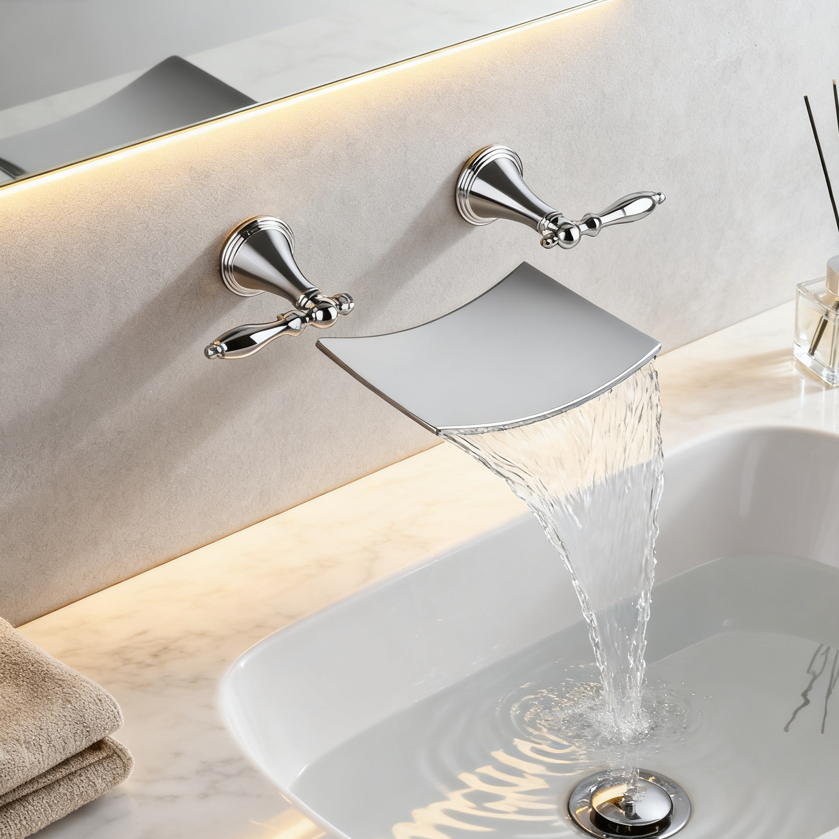 DF-05239 Brass Wall Mounted Basin Faucet Waterfall Spout Bathroom Mixer Tap – Dual Handle Vintage Design for Modern Bathrooms