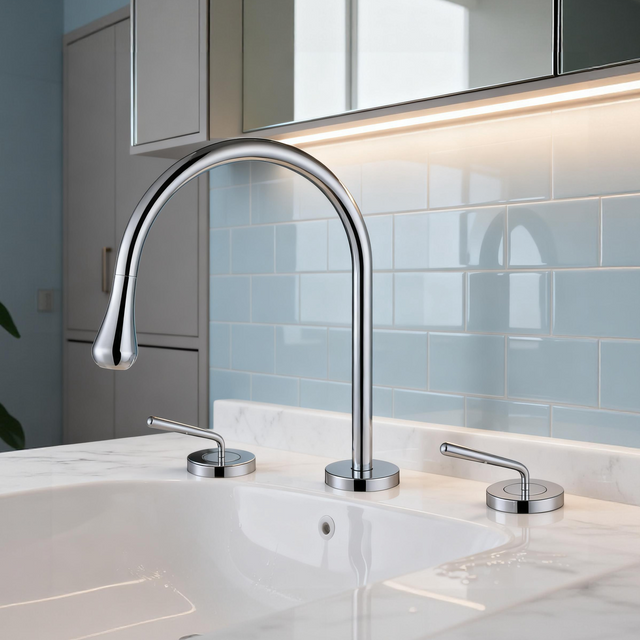Luxury 3-Hole Brass Basin Faucet 1401009 Dual Handle Deck-Mounted Lavatory Mixer Tap – Polished Chrome Finish G1/2” × 800 mm Inlet Hoses